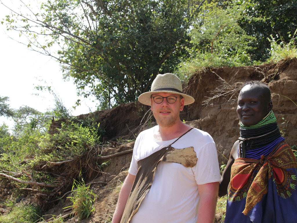 Jan Boelo visiting the Karamajong tribe in Karamoja Uganda to see how they make leather from goat skin