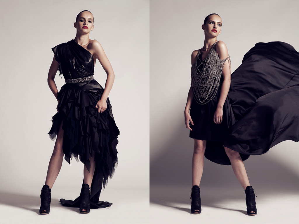 Model wearing black dresses by JANBOELO for a lookbook photoshoot.