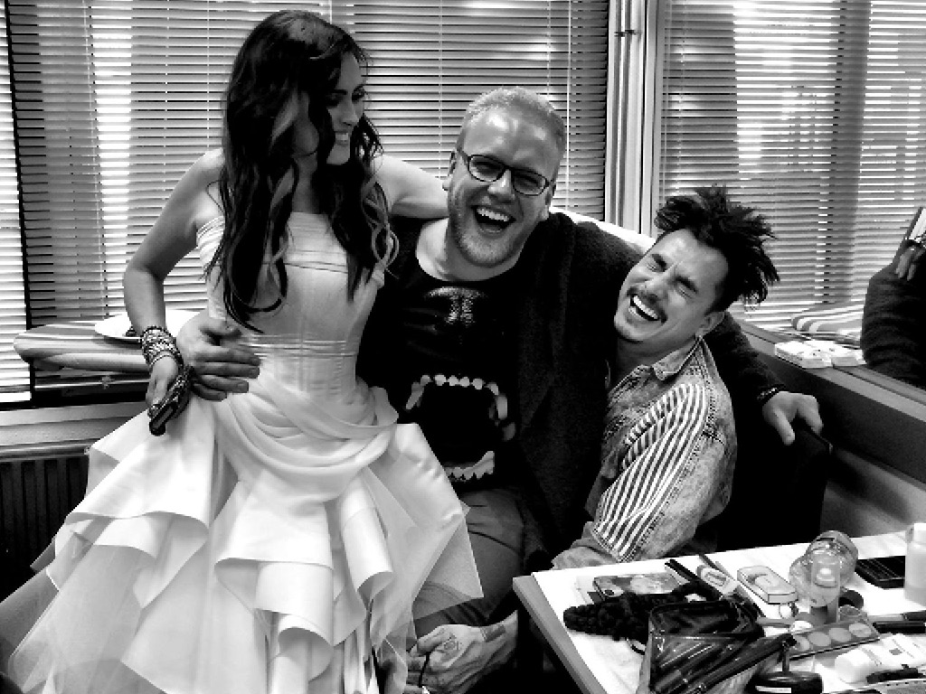 Jan Boelo, Tommy Hagen and Sharon den Adel backstage at a photoshoot for Within Temptation